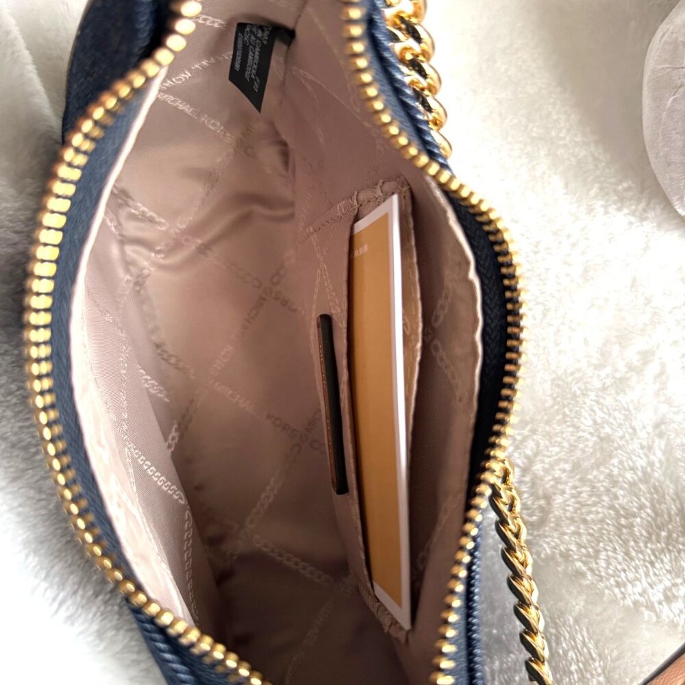 NWT‎ Michael Kors $198 Jet Set Charm Small Denim Pochette handbag gold chain - Picture 6 of 11